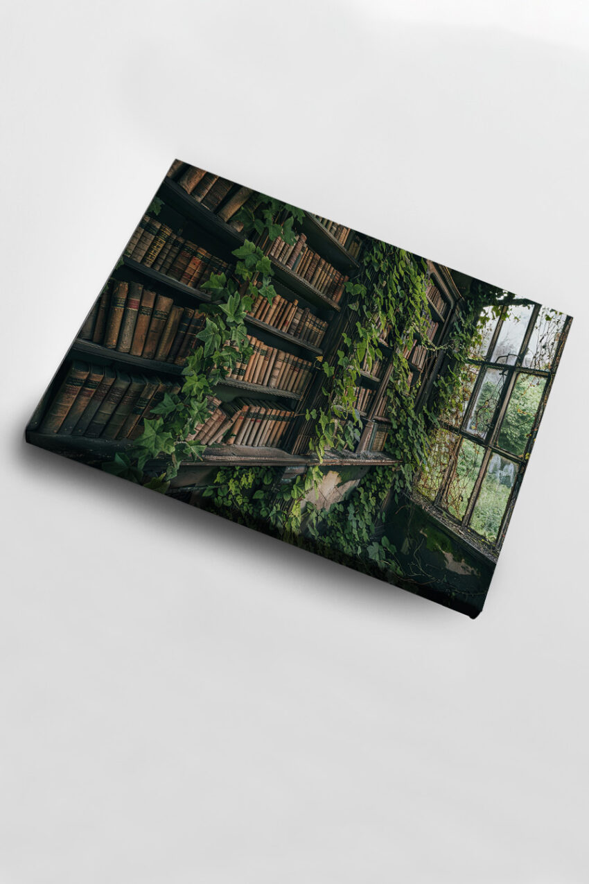 Kunstdruck mit altem Bücherregal überwuchert von grünem Efeu neben großem Fenster, Vintage Stimmung in Grüntönen