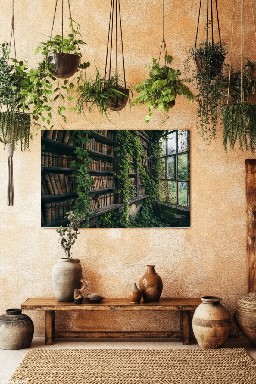 Kunstdruck mit altem Bücherregal überwuchert von grünem Efeu neben großem Fenster, Vintage Stimmung in Grüntönen