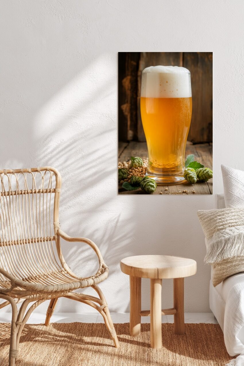 Fotorealistisches Poster mit einem vollen Bierglas mit Schaumkrone auf rustikalem Holztisch, umgeben von frischen Hopfendolden und Gerstenkörnern in warmen Gold- und Grüntönen