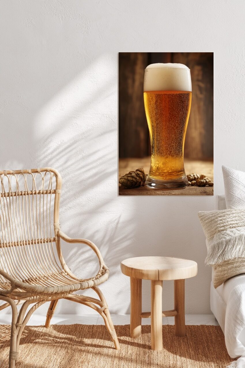 Poster mit einem goldenen Bierglas voller Schaum auf Holztisch, realistischer Trinkgenuss-Kunstdruck.