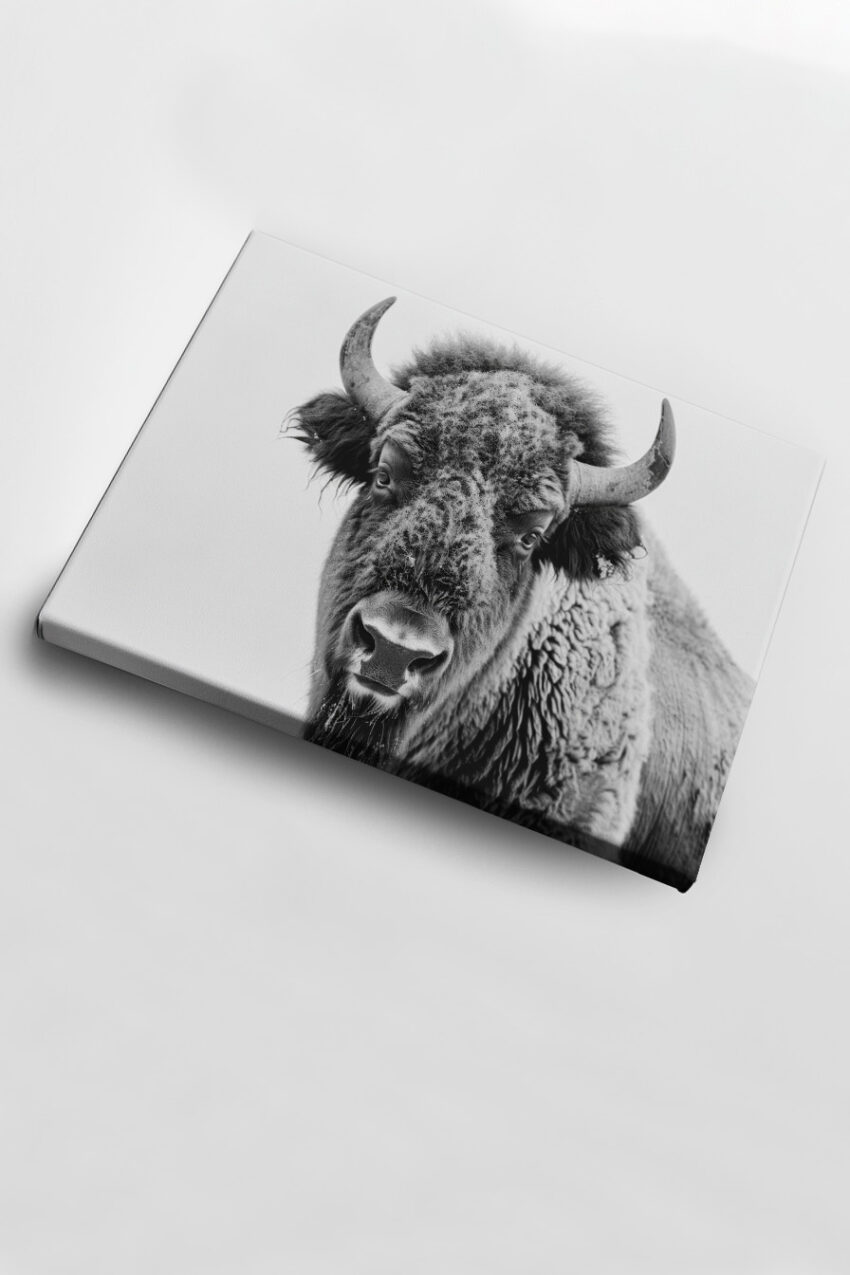 Schwarz-Weiß Poster eines Bisonporträts mit detaillierter Fellstruktur und ruhigem Blick, natürlicher Tierfotografie