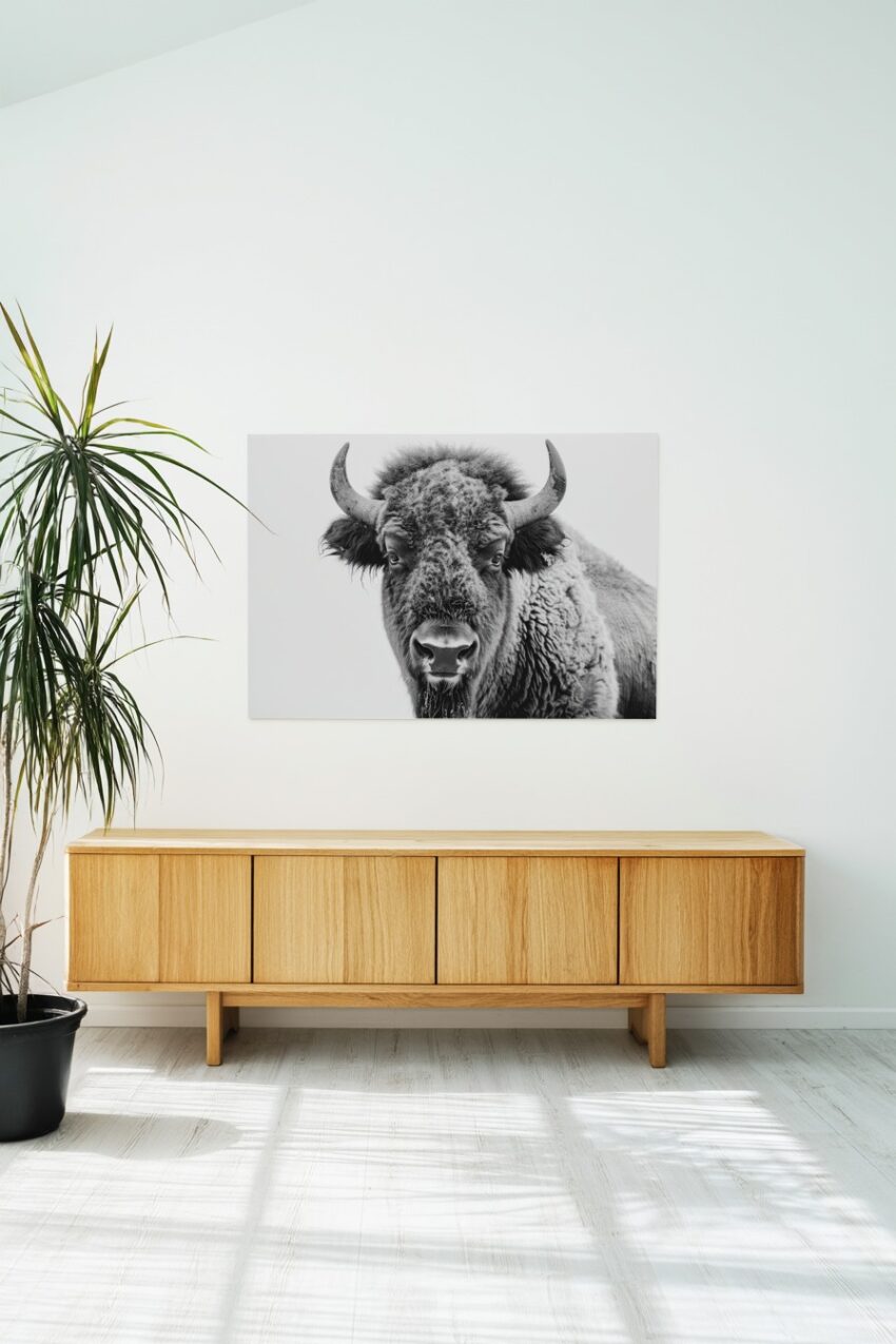 Schwarz-Weiß Poster eines Bisonporträts mit detaillierter Fellstruktur und ruhigem Blick, natürlicher Tierfotografie