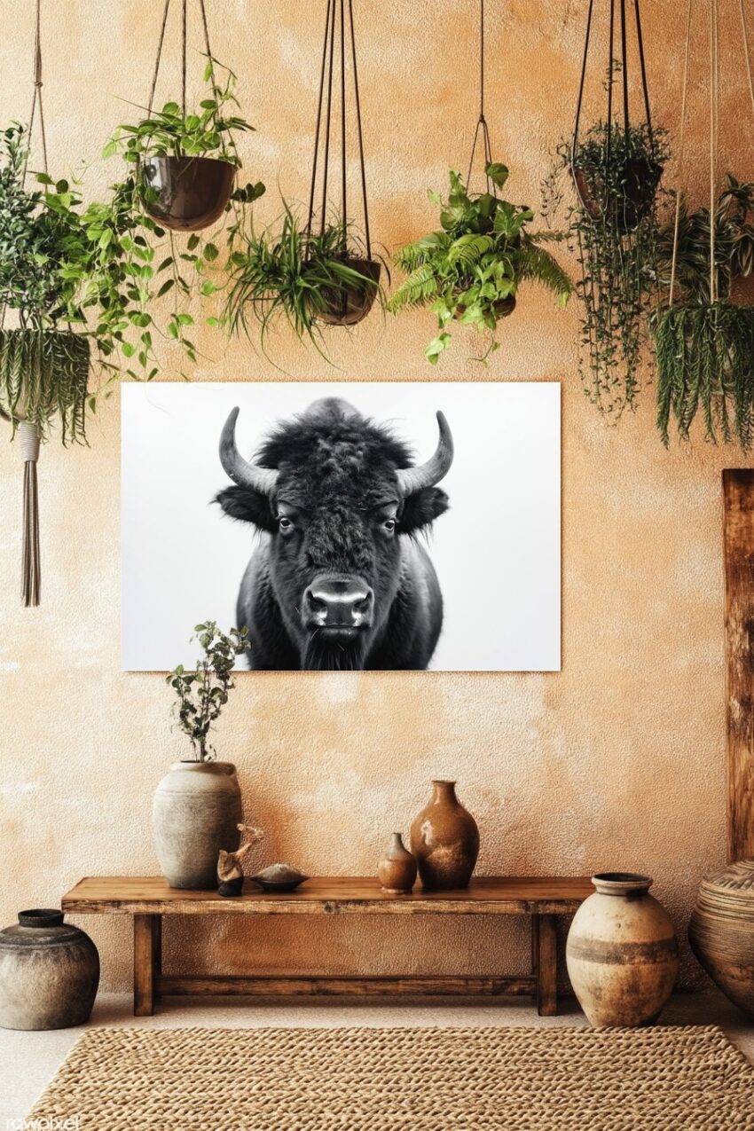 Schwarz-Weiß Poster mit Nahaufnahme eines Bisons, starkes Tierporträt mit detailliertem Fell und Hörnern