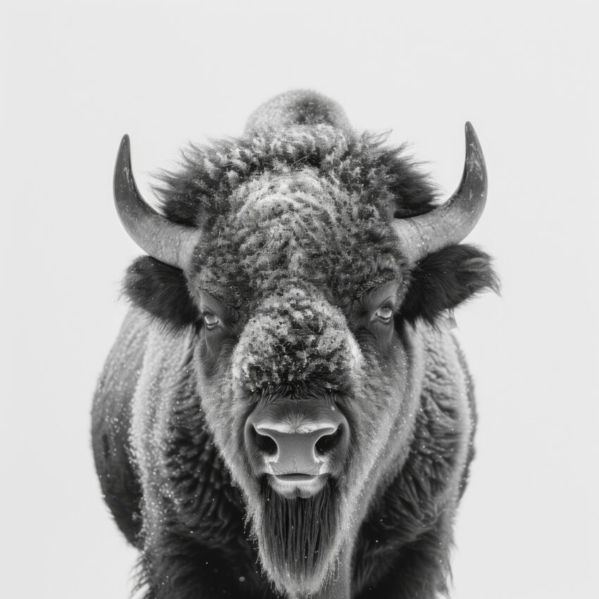 Schwarz-Weiß Poster mit Nahaufnahme eines Bisons frontal, Tierporträt mit natürlicher Ausstrahlung