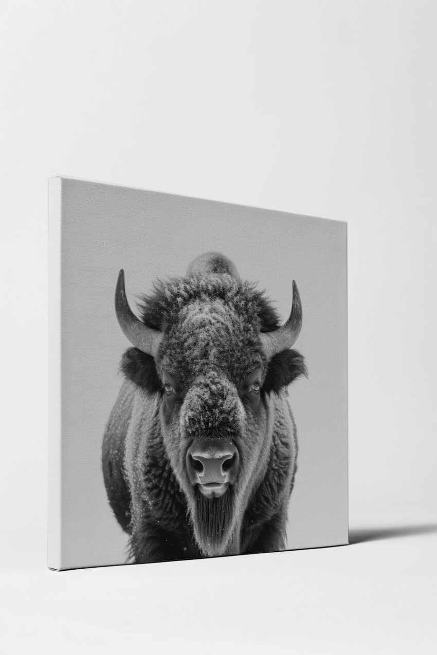 Schwarz-Weiß Poster mit Nahaufnahme eines Bisons frontal, Tierporträt mit natürlicher Ausstrahlung