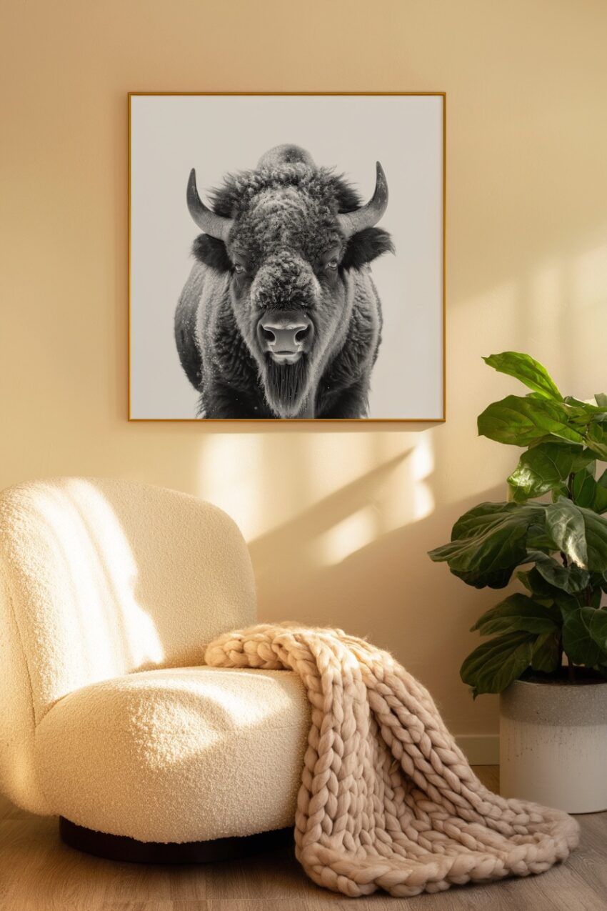 Schwarz-Weiß Poster mit Nahaufnahme eines Bisons frontal, Tierporträt mit natürlicher Ausstrahlung