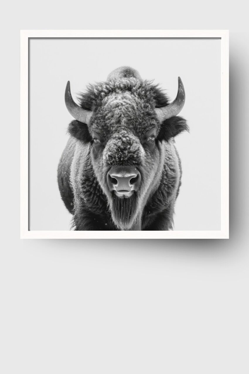 Schwarz-Weiß Poster mit Nahaufnahme eines Bisons frontal, Tierporträt mit natürlicher Ausstrahlung