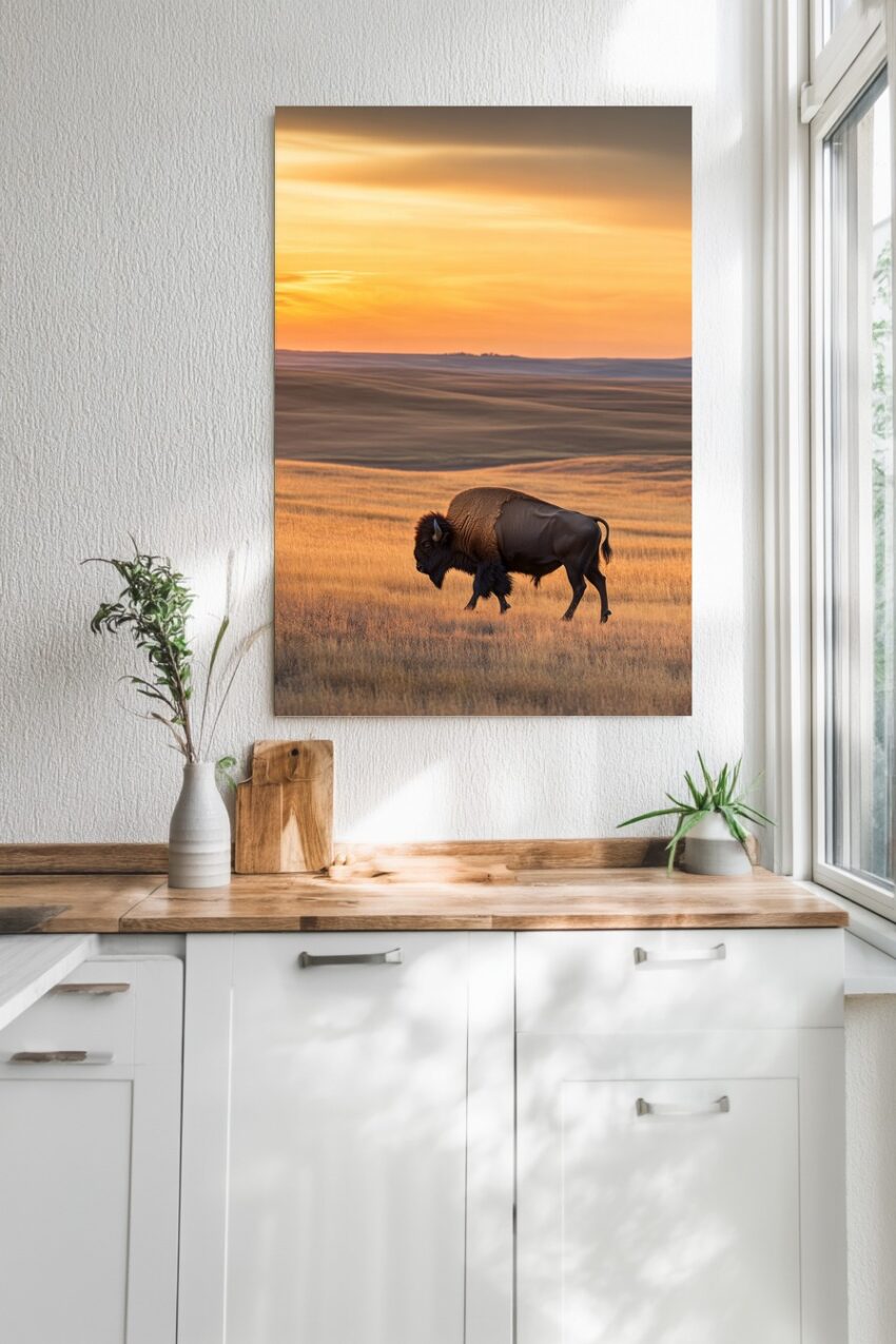 Poster mit Bison auf weitem Feld bei Sonnenuntergang, natürlicher Tierfotografie mit warmen Farbtönen