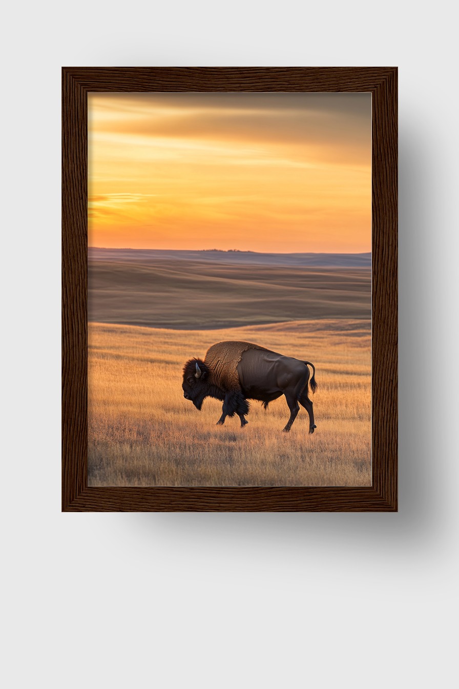 Poster mit Bison auf weitem Feld bei Sonnenuntergang, natürlicher Tierfotografie mit warmen Farbtönen