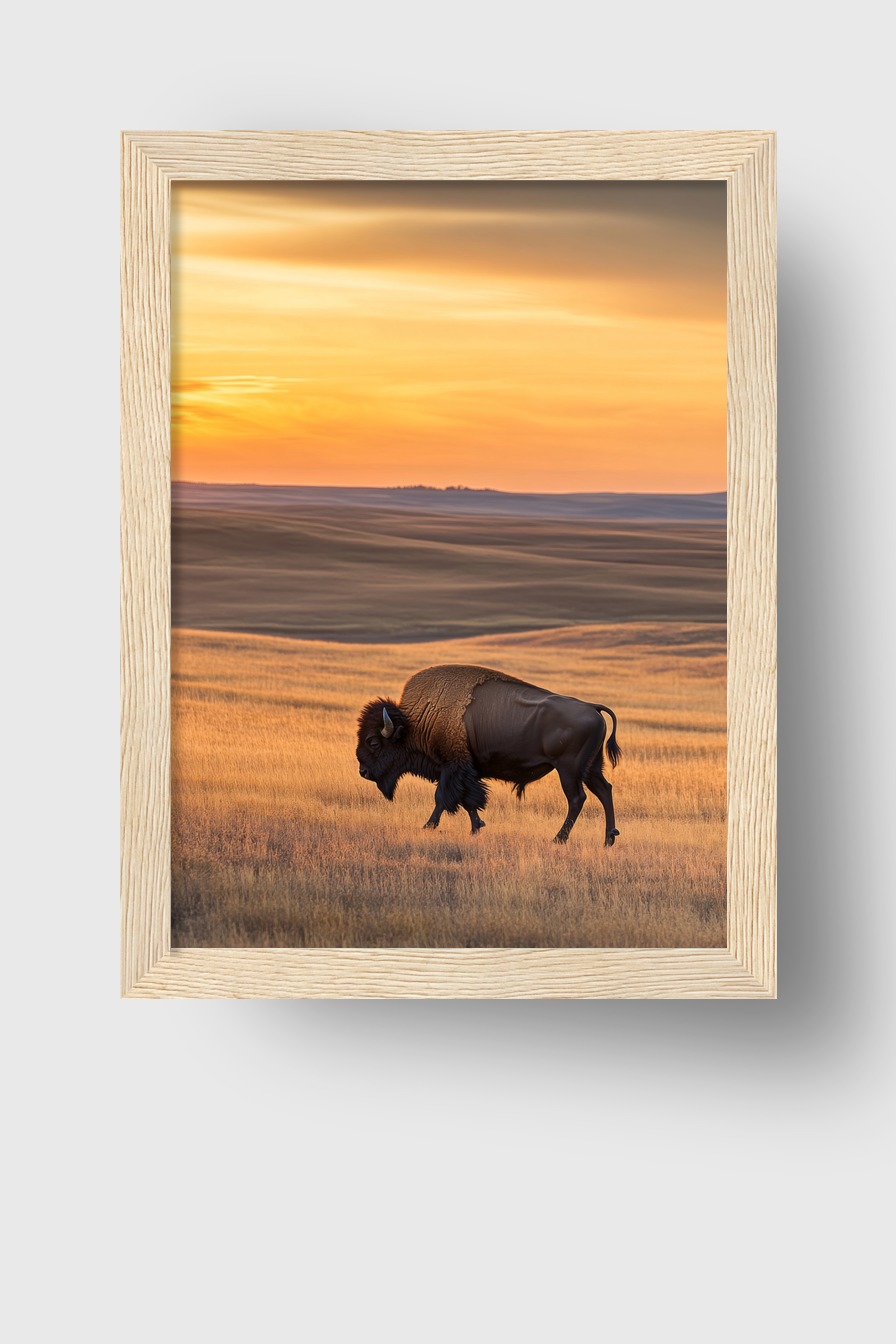 Poster mit Bison auf weitem Feld bei Sonnenuntergang, natürlicher Tierfotografie mit warmen Farbtönen