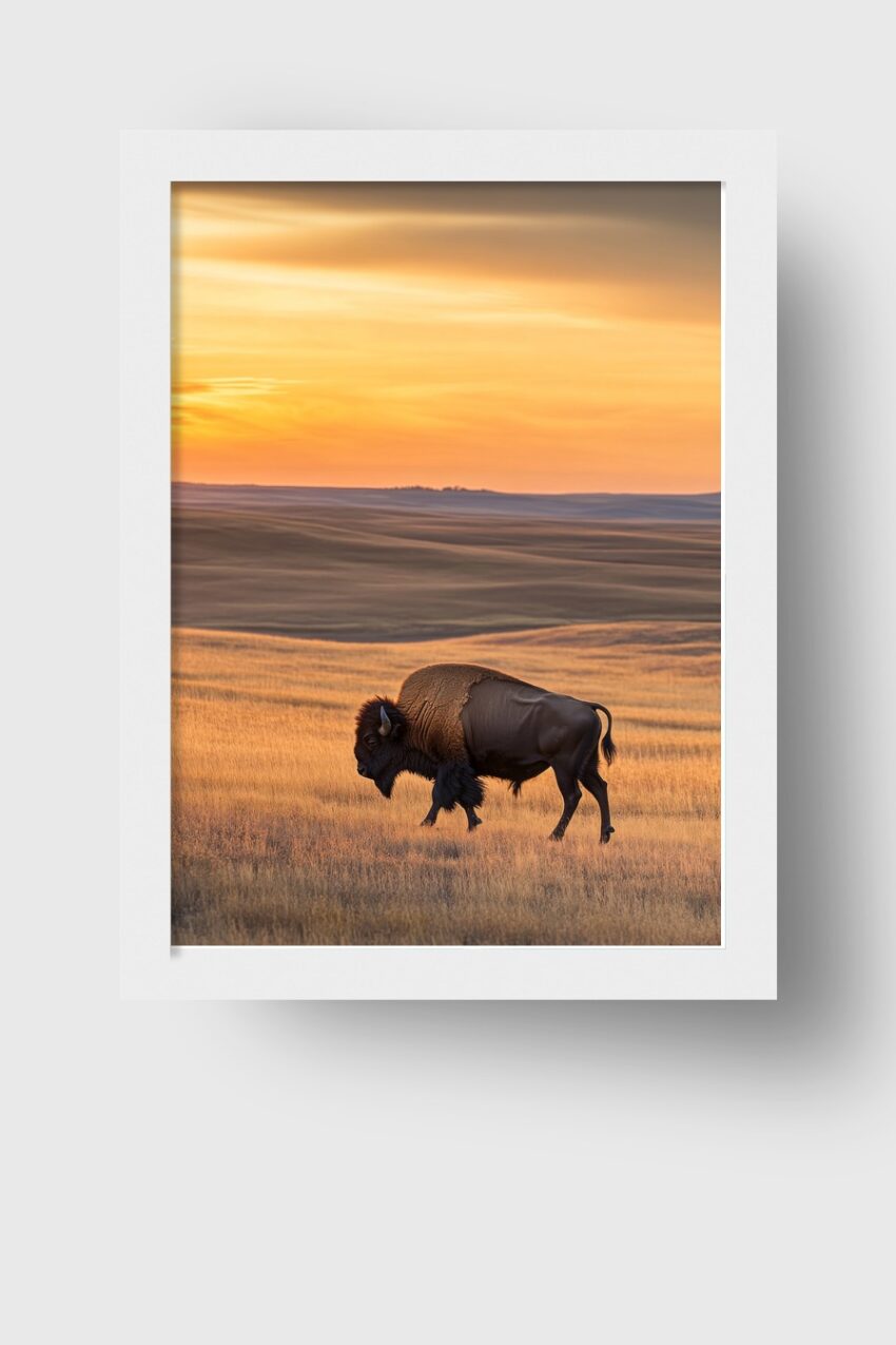 Poster mit Bison auf weitem Feld bei Sonnenuntergang, natürlicher Tierfotografie mit warmen Farbtönen