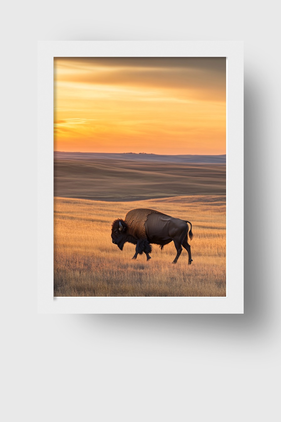 Poster mit Bison auf weitem Feld bei Sonnenuntergang, natürlicher Tierfotografie mit warmen Farbtönen