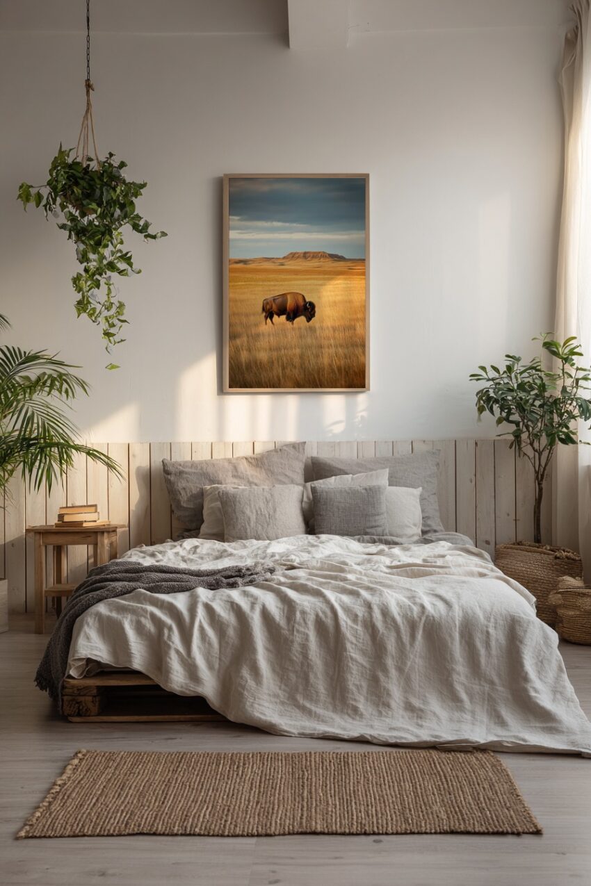 Poster eines Bisons auf weiter Steppe unter bewölktem Himmel, Naturfotografie in warmen Erdtönen
