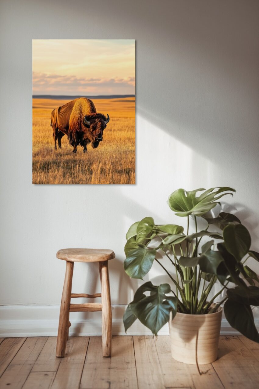 Poster mit einem Bison auf der Prärie im warmen Sonnenlicht, natürlicher Wildtier-Kunstdruck in erdigen Farbtönen