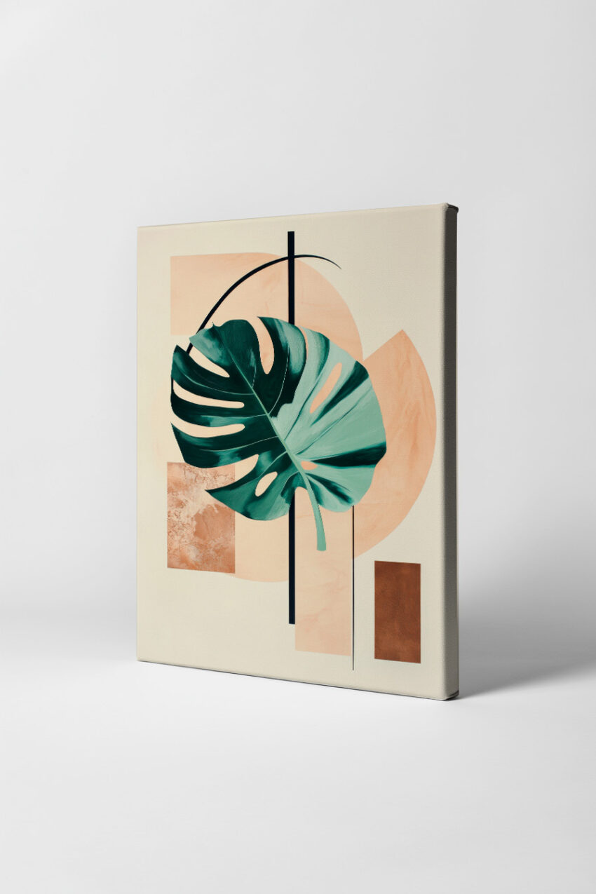 Poster mit Monstera Blatt und geometrischen Formen in Beige und Braun, minimalistischer botanischer Kunstdruck