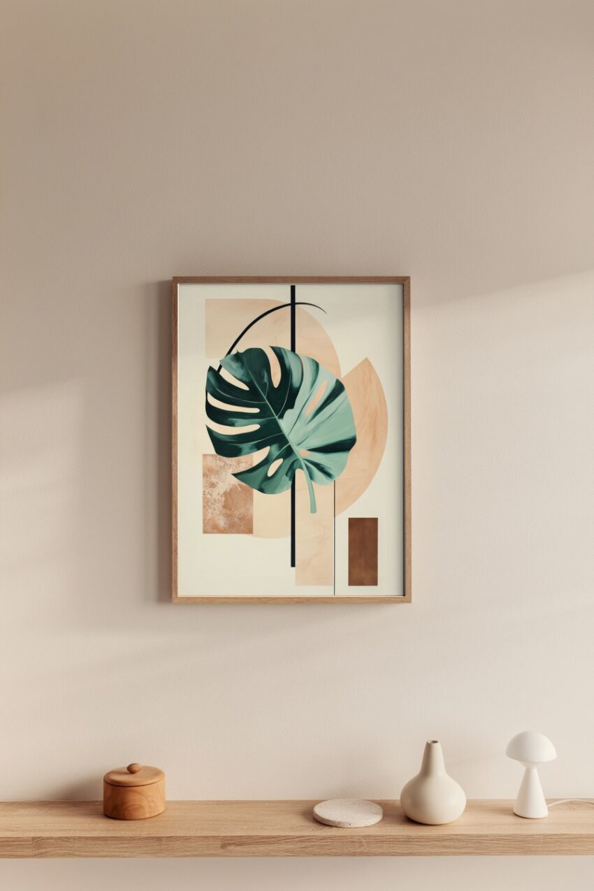 Poster mit Monstera Blatt und geometrischen Formen in Beige und Braun, minimalistischer botanischer Kunstdruck