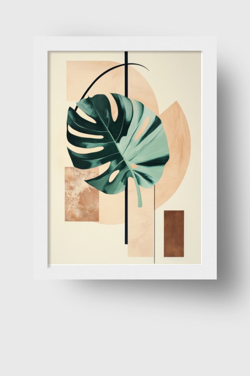 Poster mit Monstera Blatt und geometrischen Formen in Beige und Braun, minimalistischer botanischer Kunstdruck