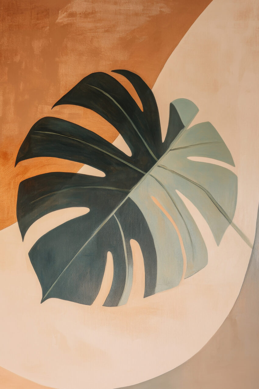 Poster mit einem großen Monstera Blatt auf beige-braunem Hintergrund, minimalistischer botanischer Kunstdruck