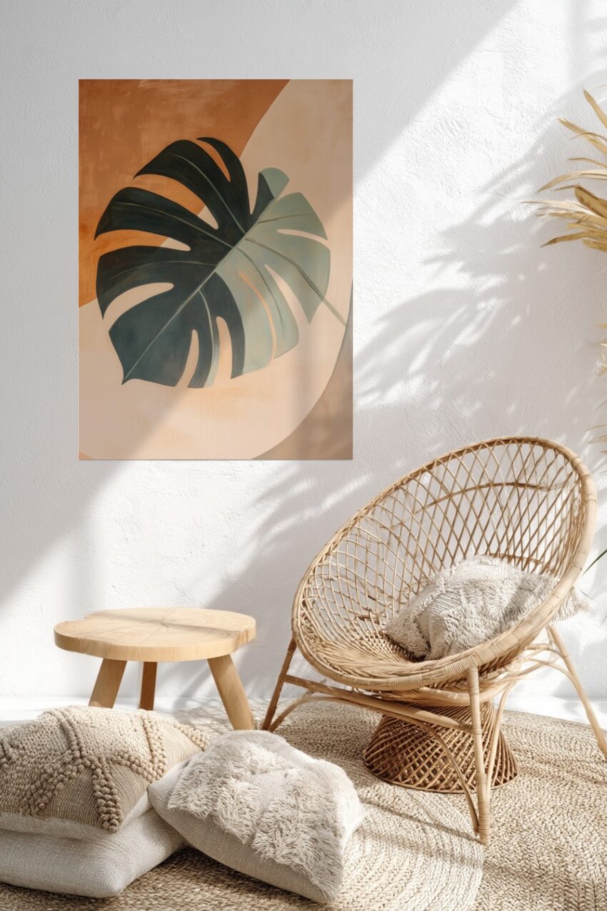 Poster mit einem großen Monstera Blatt auf beige-braunem Hintergrund, minimalistischer botanischer Kunstdruck