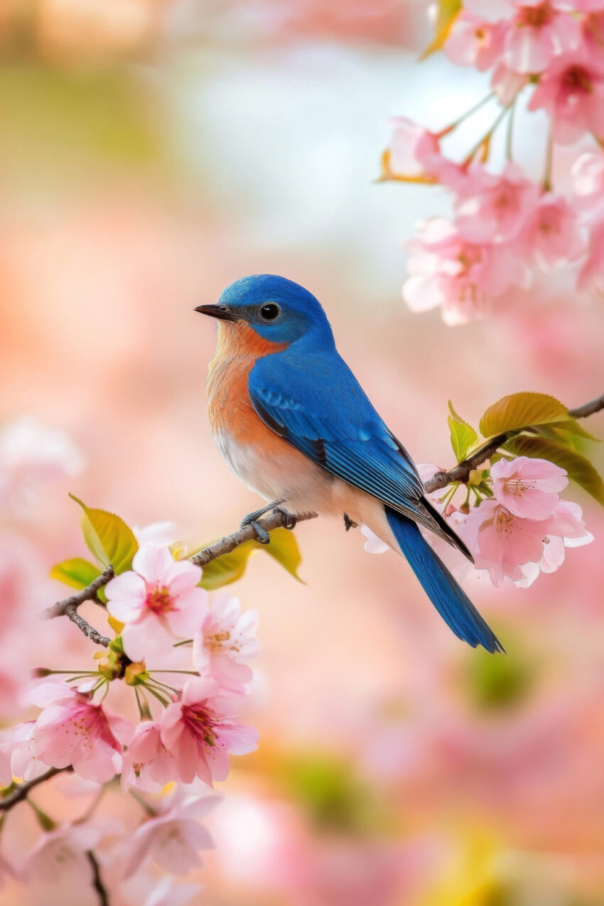 Frühlingsposter mit Blaukehlchen auf Kirschblütenzweig, detailreicher Tierportrait-Kunstdruck in sanften Farben