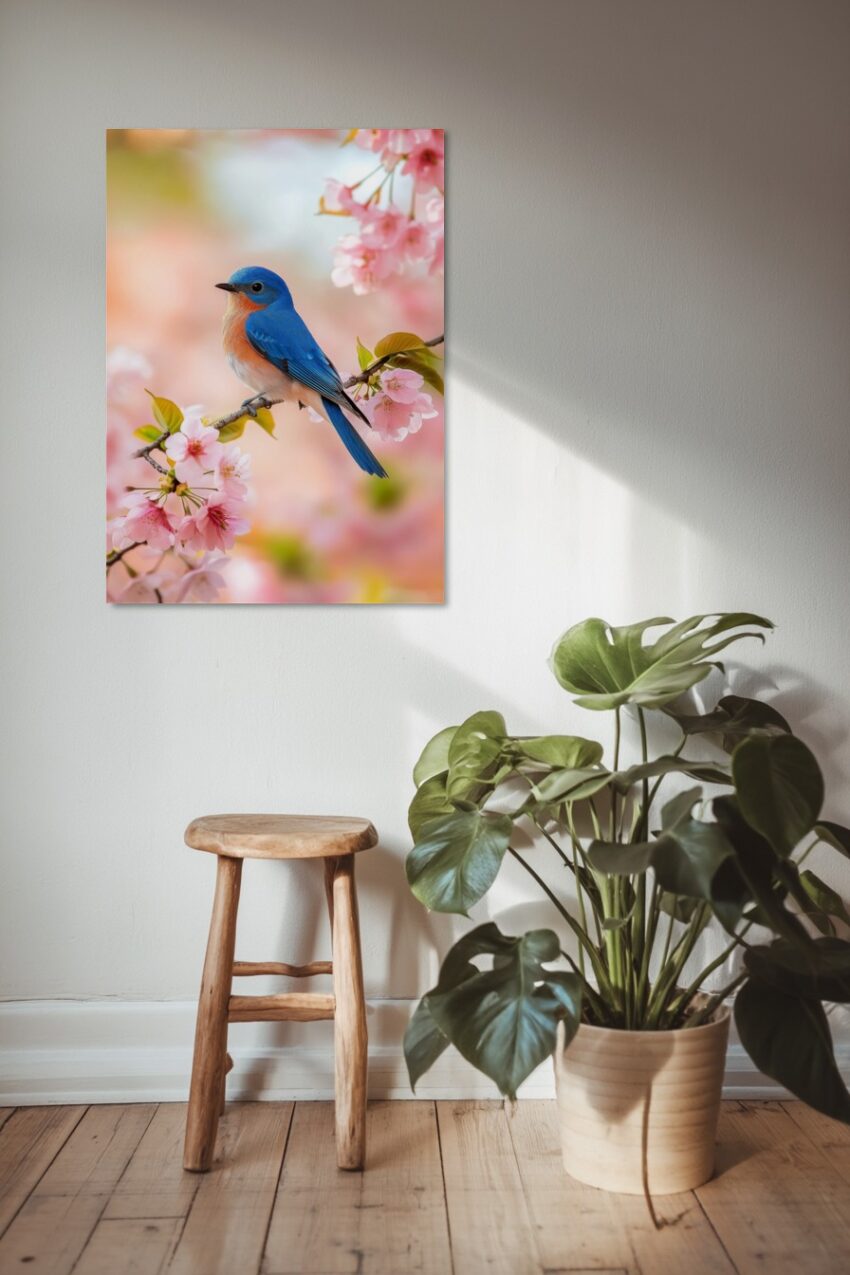 Frühlingsposter mit Blaukehlchen auf Kirschblütenzweig, detailreicher Tierportrait-Kunstdruck in sanften Farben