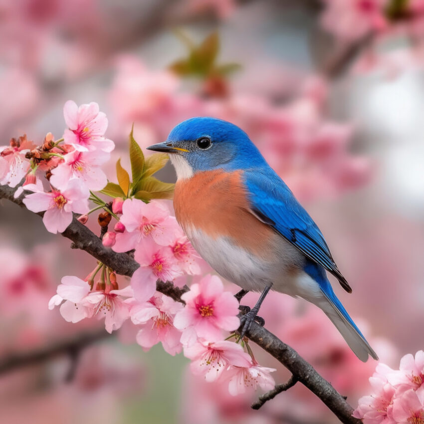 Fotorealistischer Kunstdruck eines Blaukehlchens auf Ast mit rosa Blüten als Poster, Kunstdruck oder Wandbild in natürlichen Frühlingsfarben