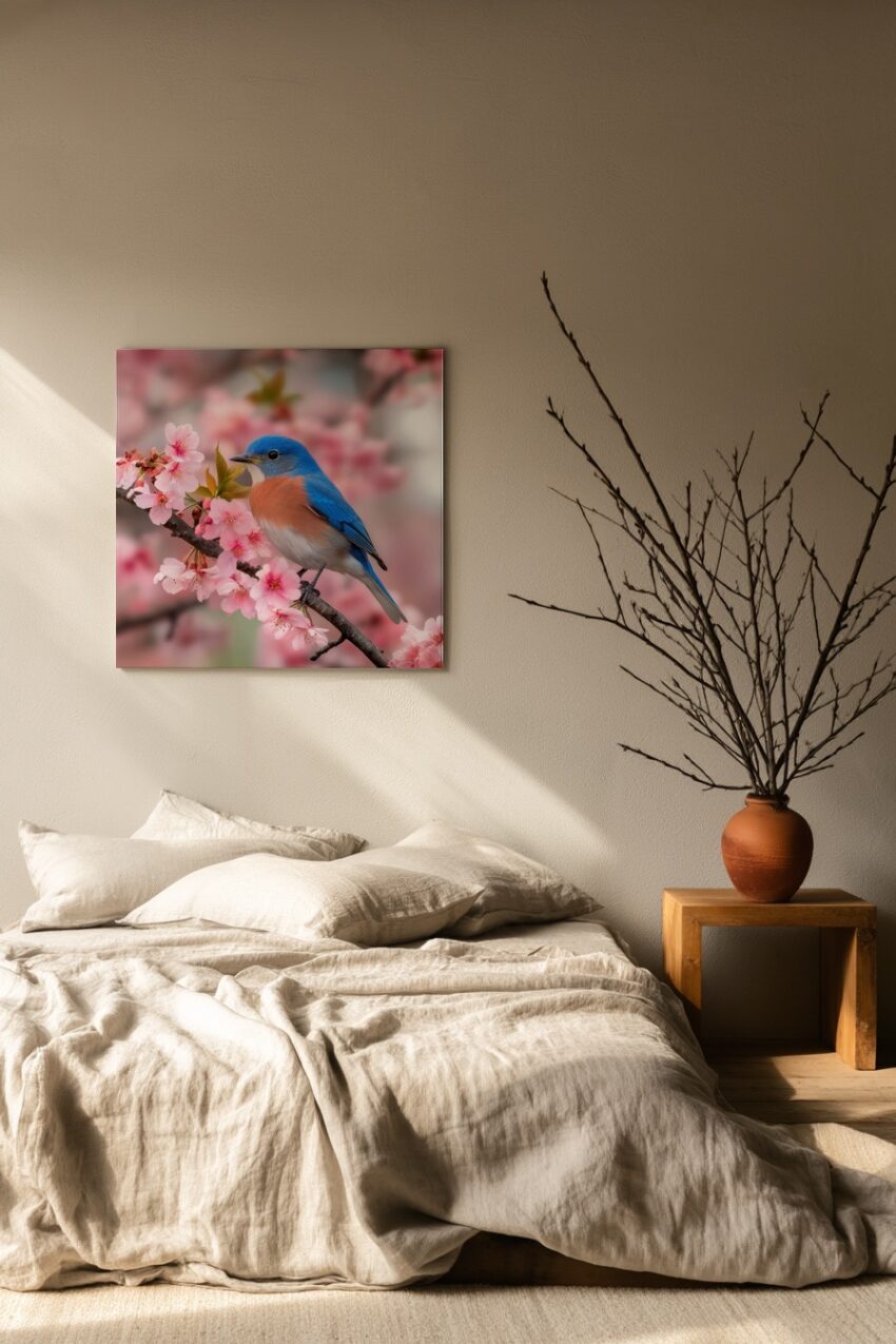 Fotorealistischer Kunstdruck eines Blaukehlchens auf Ast mit rosa Blüten als Poster, Kunstdruck oder Wandbild in natürlichen Frühlingsfarben