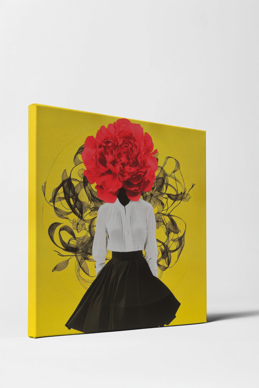 Moderner Kunstdruck mit einer Frau in weißer Bluse und schwarzem Rock, deren Kopf eine große rote Blume vor gelbem Hintergrund ersetzt.