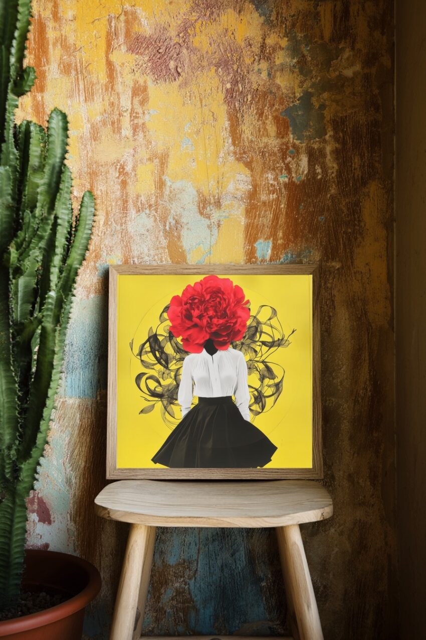 Moderner Kunstdruck mit einer Frau in weißer Bluse und schwarzem Rock, deren Kopf eine große rote Blume vor gelbem Hintergrund ersetzt.