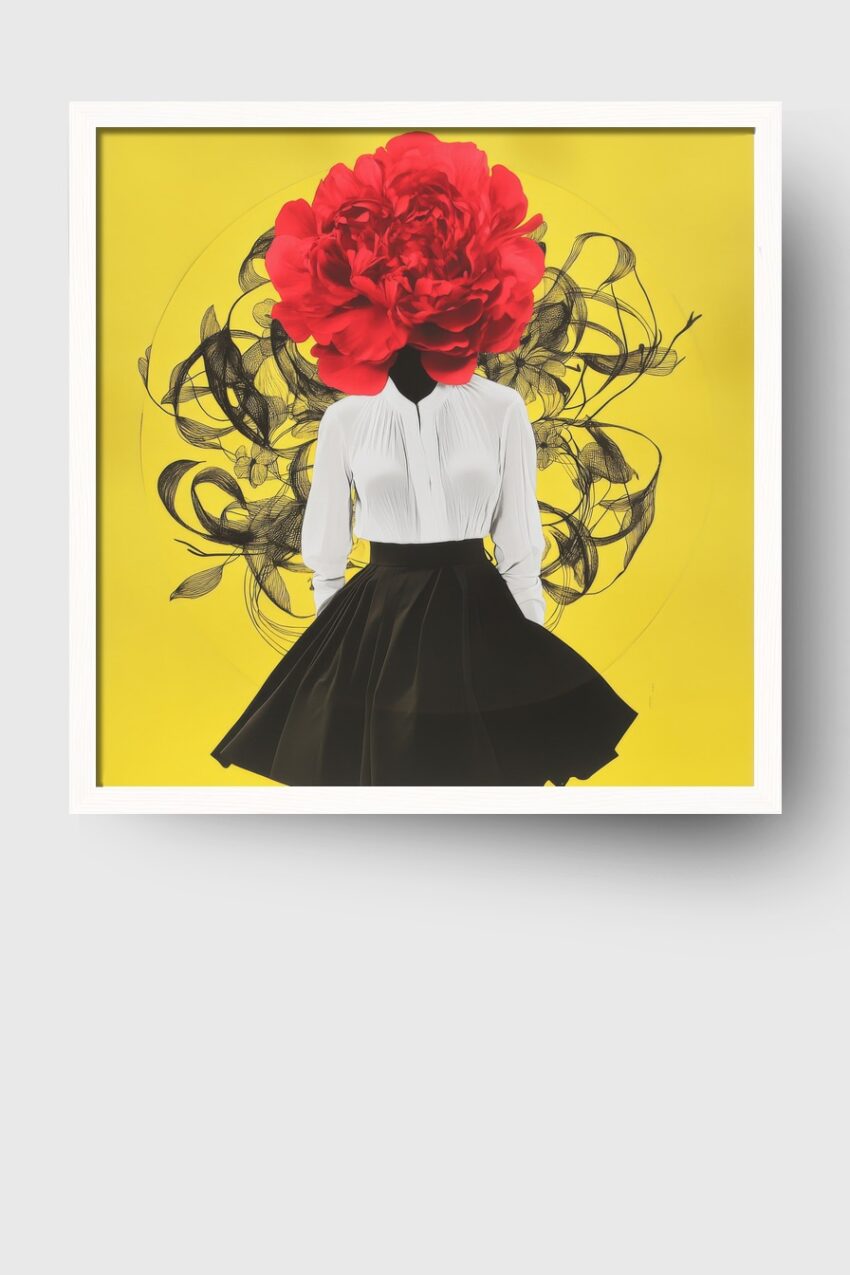 Moderner Kunstdruck mit einer Frau in weißer Bluse und schwarzem Rock, deren Kopf eine große rote Blume vor gelbem Hintergrund ersetzt.