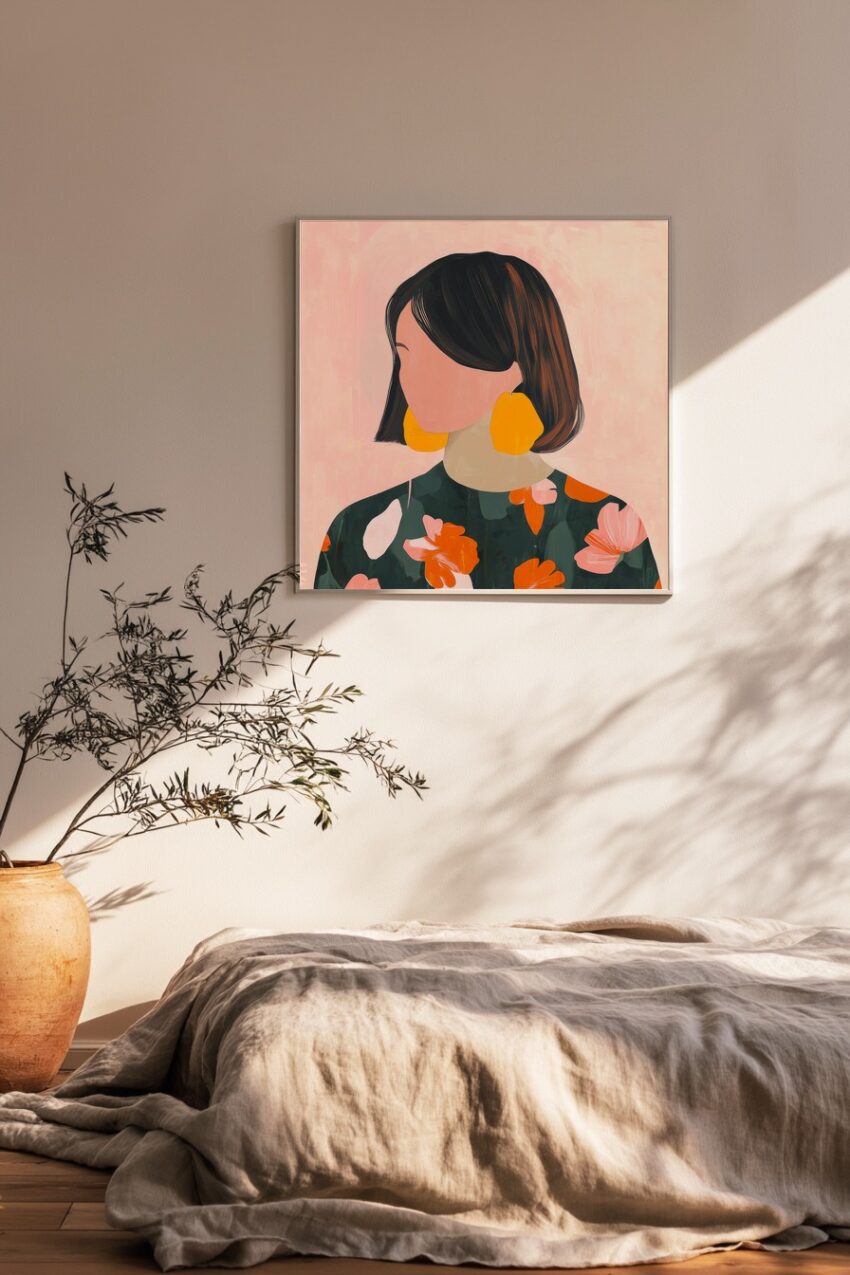 Moderner Kunstdruck mit abstrakter Frauenfigur ohne Gesicht, mit dunklen Haaren und großflächigem Blumenmuster auf dem Oberteil, in warmen Farben auf hellem Hintergrund