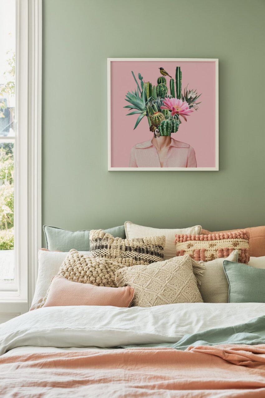 Poster mit einer surrealen Komposition aus Kakteen und Sukkulenten, kombiniert zu einem Pflanzenkopf vor rosa Hintergrund, dekorativer Kunstdruck