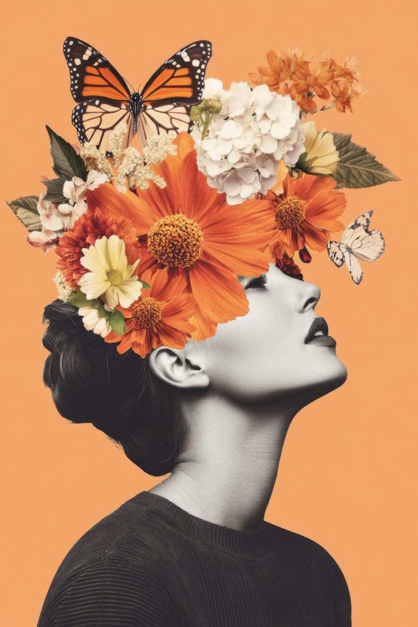 Kunstdruck Poster einer Frau mit Kranz aus orangefarbenen und weißen Blumen und Schmetterlingen vor orangem Hintergrund