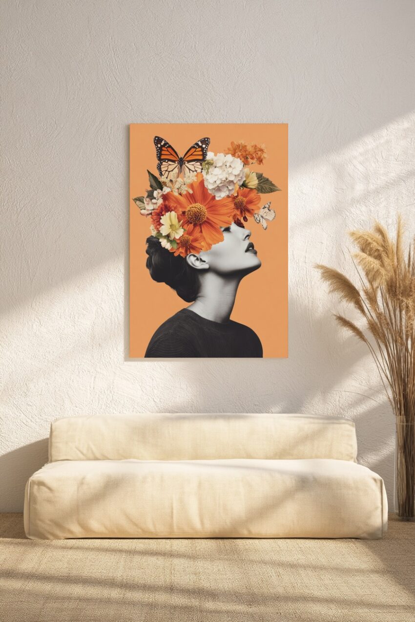 Kunstdruck Poster einer Frau mit Kranz aus orangefarbenen und weißen Blumen und Schmetterlingen vor orangem Hintergrund