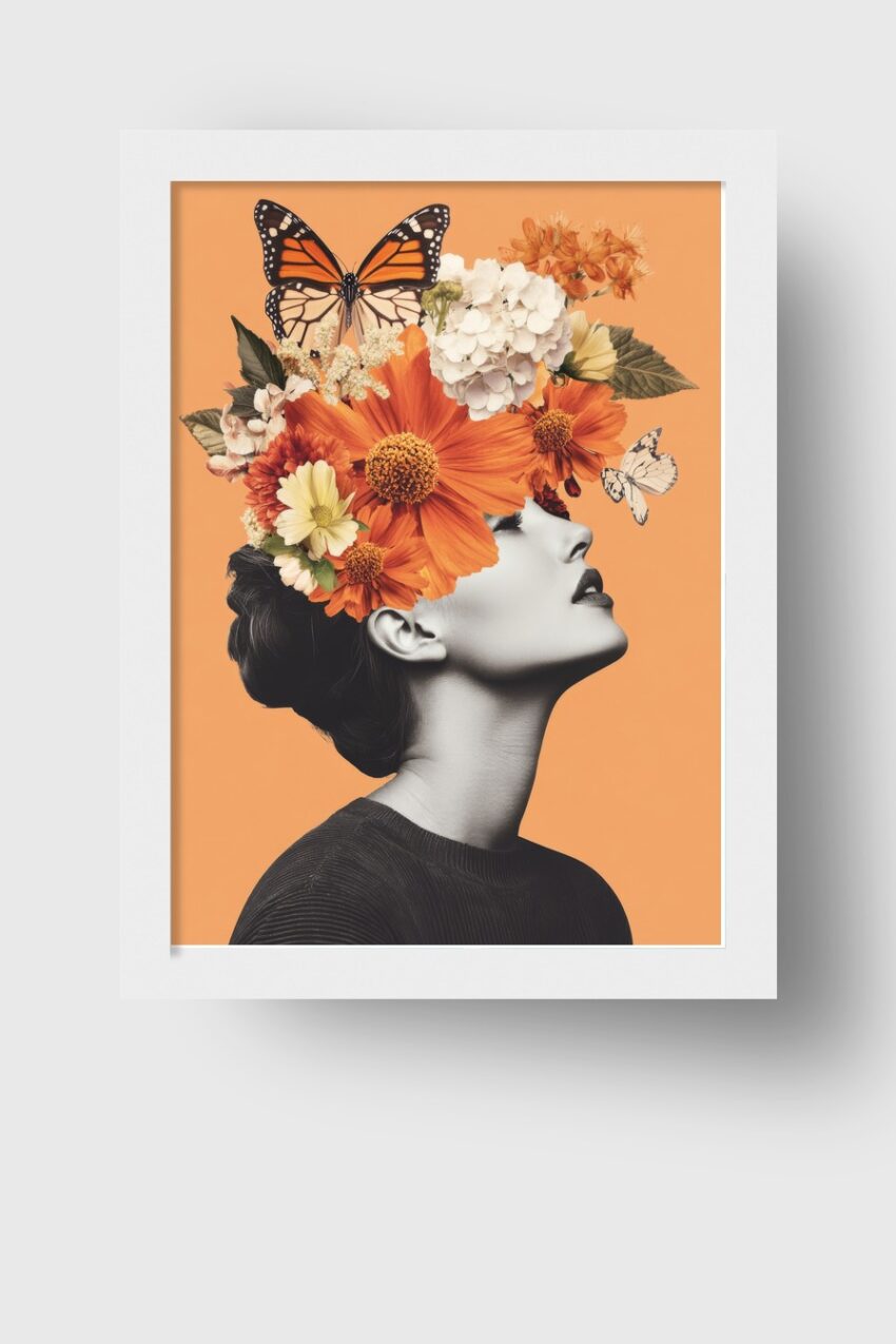 Kunstdruck Poster einer Frau mit Kranz aus orangefarbenen und weißen Blumen und Schmetterlingen vor orangem Hintergrund