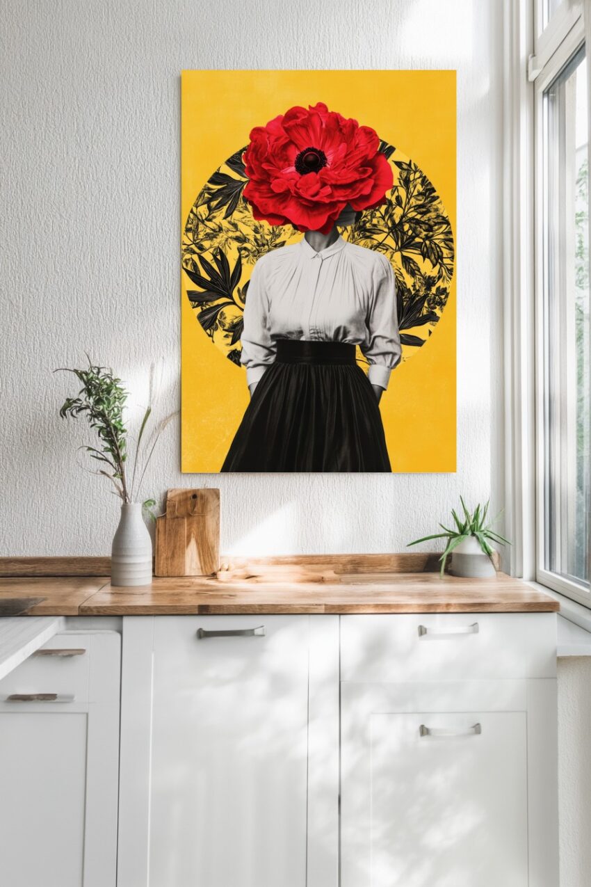 Poster mit einer Frau, deren Kopf durch eine große rote Blume ersetzt ist, grafischer Kunstdruck vor gelbem Hintergrund