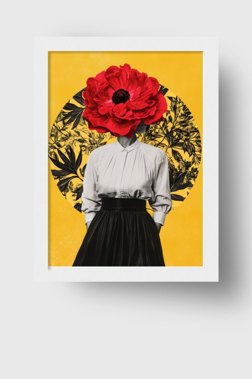 Poster mit einer Frau, deren Kopf durch eine große rote Blume ersetzt ist, grafischer Kunstdruck vor gelbem Hintergrund
