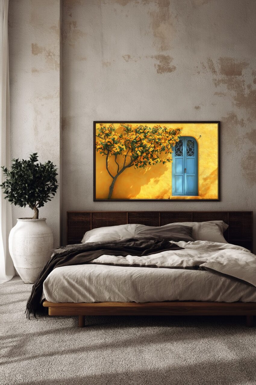 Poster mit Blütenbaum vor gelber Fassade und blauem Holztor, ruhige sommerliche Szene in warmen Farben