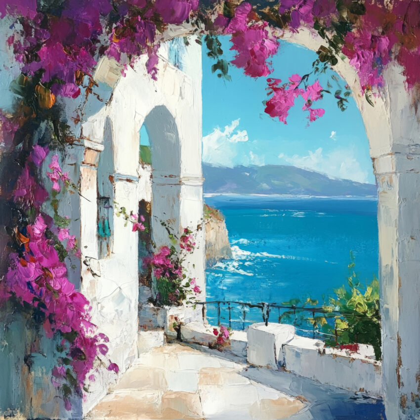Ölgemälde Poster mit mediterraner Küste und weißen Arkaden, Bougainvillea-Blüten im Vordergrund und blauem Meer im Hintergrund