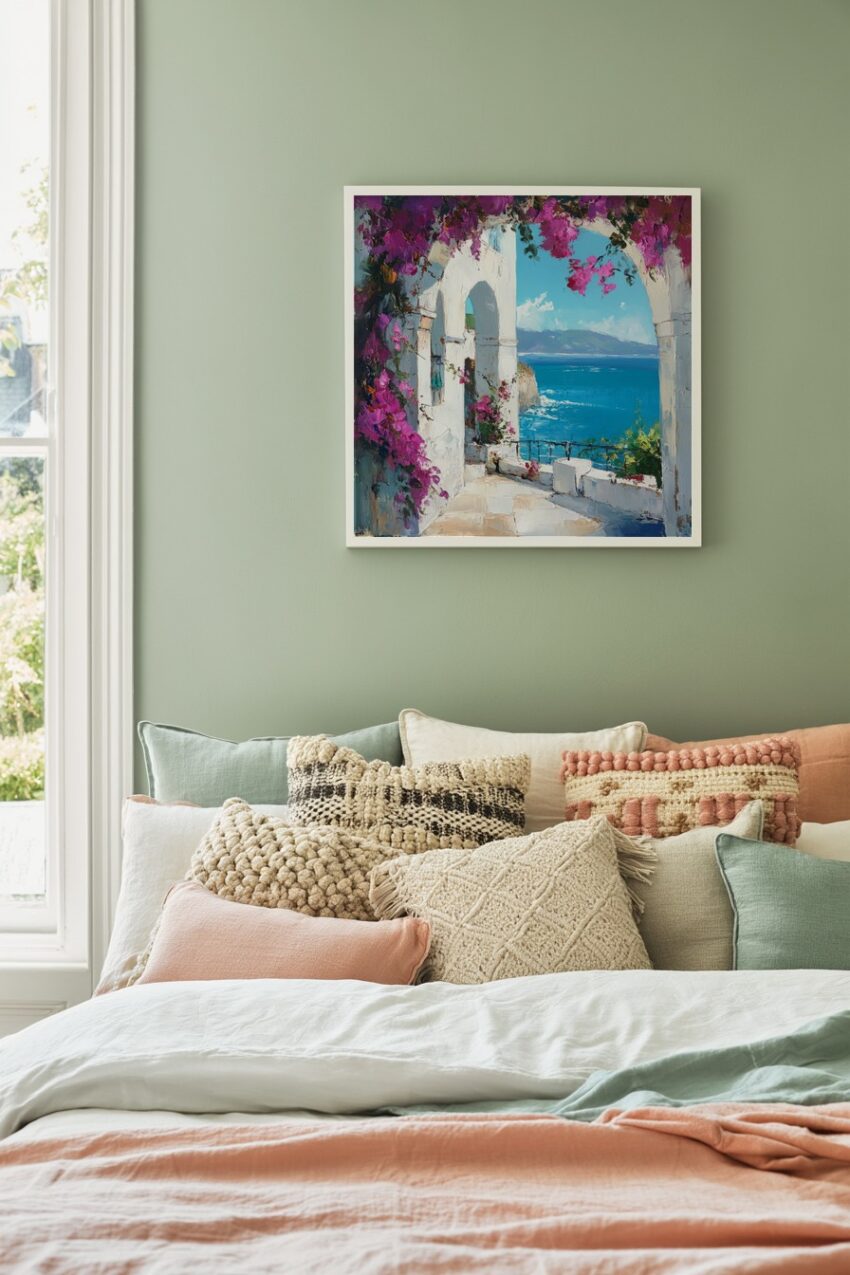 Ölgemälde Poster mit mediterraner Küste und weißen Arkaden, Bougainvillea-Blüten im Vordergrund und blauem Meer im Hintergrund