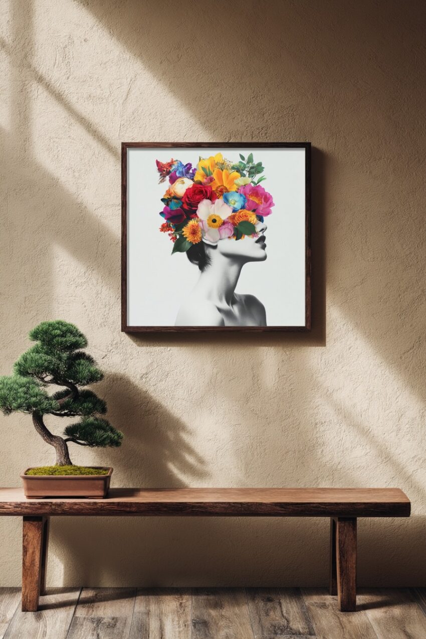 Poster mit Frauenprofil und farbenfrohem Blumenkranz, farbiger Kunstdruck auf halbmattem Papier