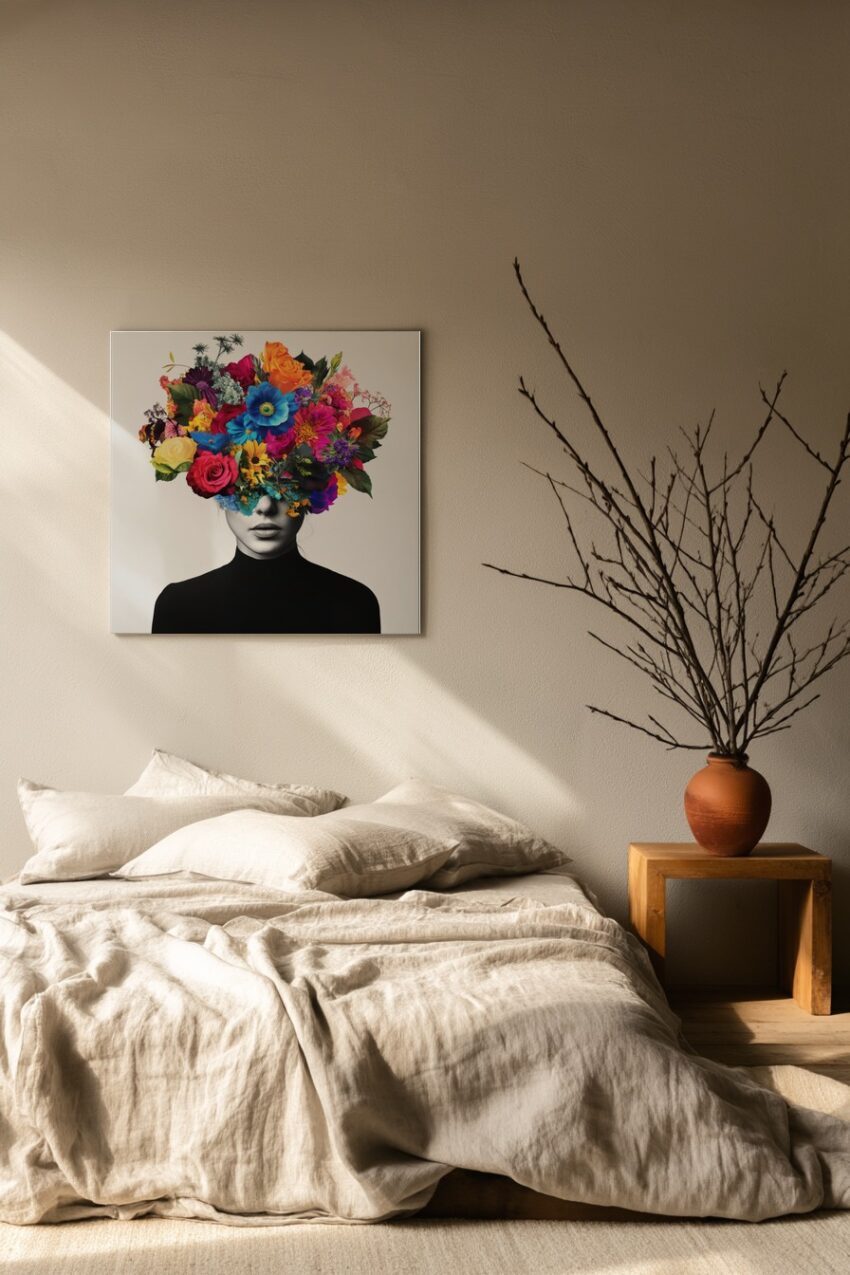 Schwarz-weiß Poster eines Frauengesichts mit farbenfrohem Blumenkranz als moderner Kunstdruck