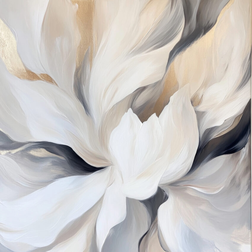 Poster mit weißer Blüte in sanften Beigetönen, minimalistischer botanischer Kunstdruck auf halbmattem Papier