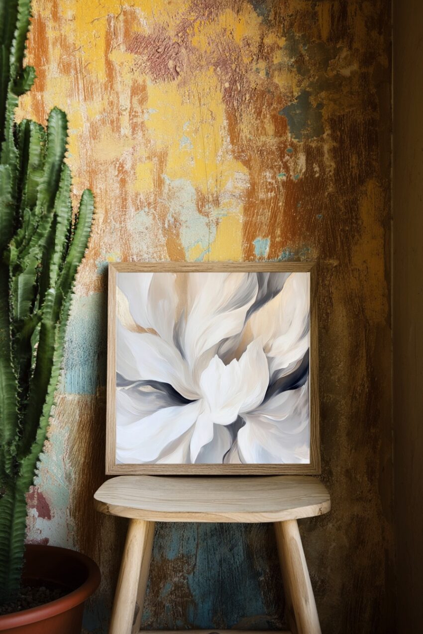 Poster mit weißer Blüte in sanften Beigetönen, minimalistischer botanischer Kunstdruck auf halbmattem Papier