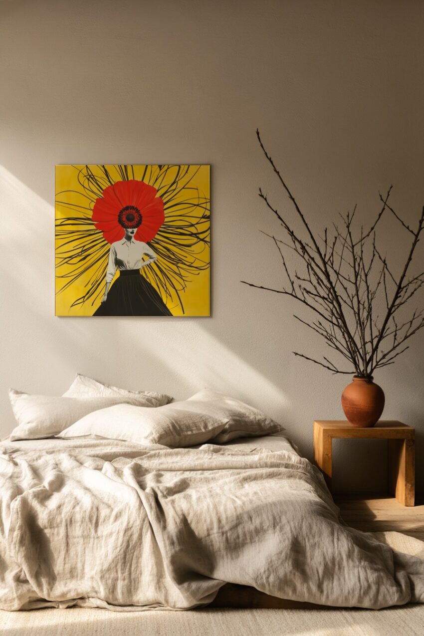 Retro Kunstdruck einer Frau mit großem rotem Mohnblumenkopf vor gelbem Hintergrund, kleidet sich in schwarzer Rock und weißer Bluse