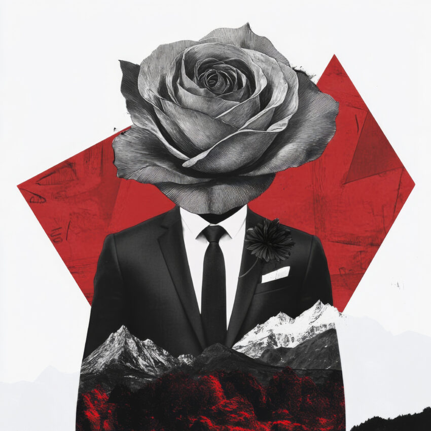 Retro Kunstdruck Poster eines Mannes im Anzug mit Rosenkopf vor einer Berglandschaft mit rotem Hintergrund