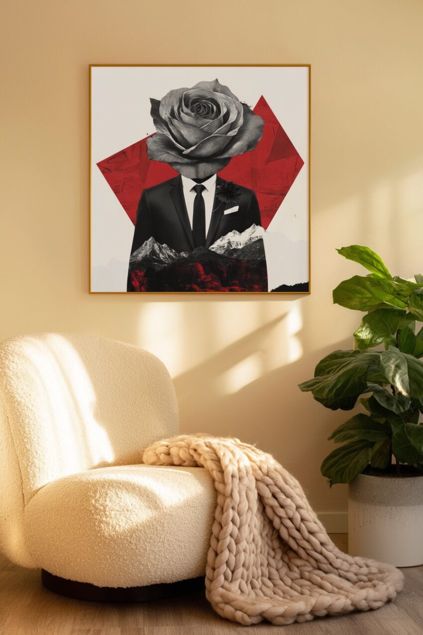 Retro Kunstdruck Poster eines Mannes im Anzug mit Rosenkopf vor einer Berglandschaft mit rotem Hintergrund