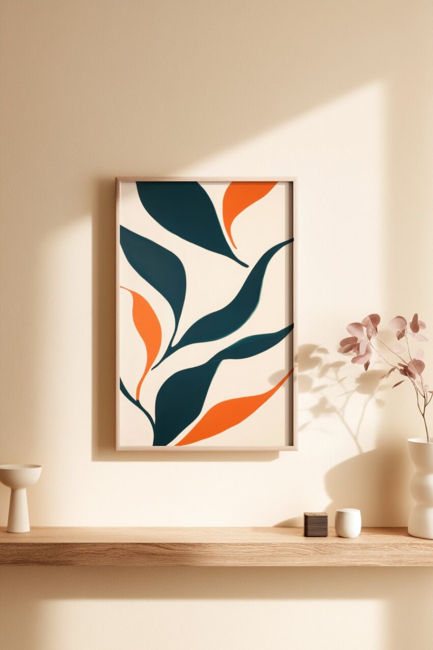 Abstraktes Poster mit Blattformen in Grün und Orange auf gebrochen weißem Hintergrund als grafischer Kunstdruck