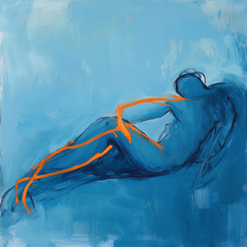 Abstrakter Kunstdruck einer liegenden menschlichen Figur in Blautönen mit orangen Linien, moderner Poster Kunstdruck