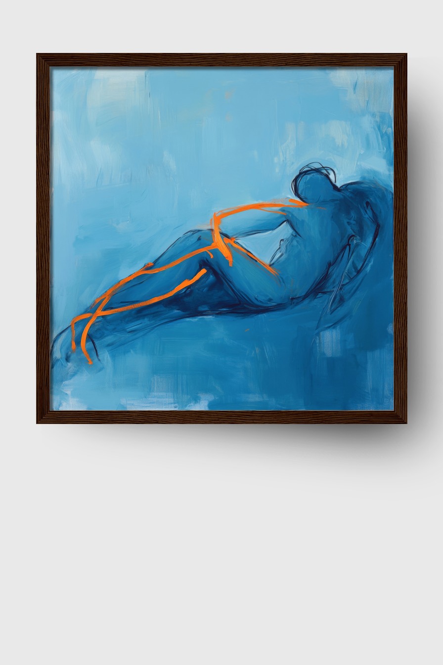 Abstrakter Kunstdruck einer liegenden menschlichen Figur in Blautönen mit orangen Linien, moderner Poster Kunstdruck